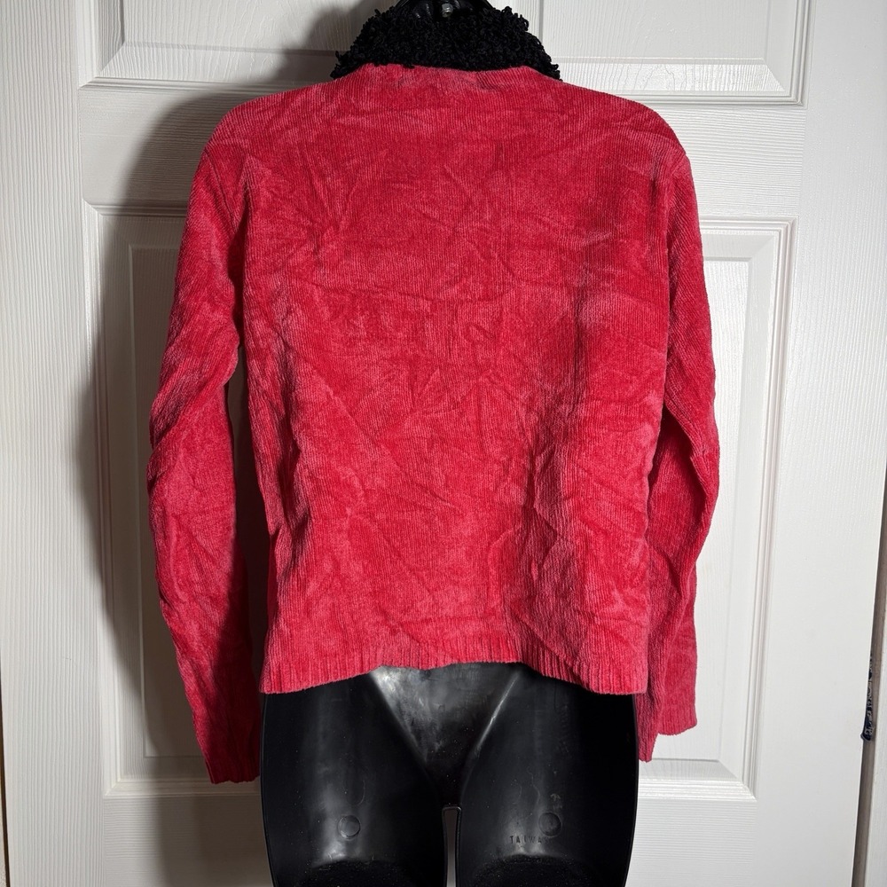 Vintage Catherine Steward Chenille Cardigan Women M Pink Black Loop Collar Y2K - Picture 3 of 9